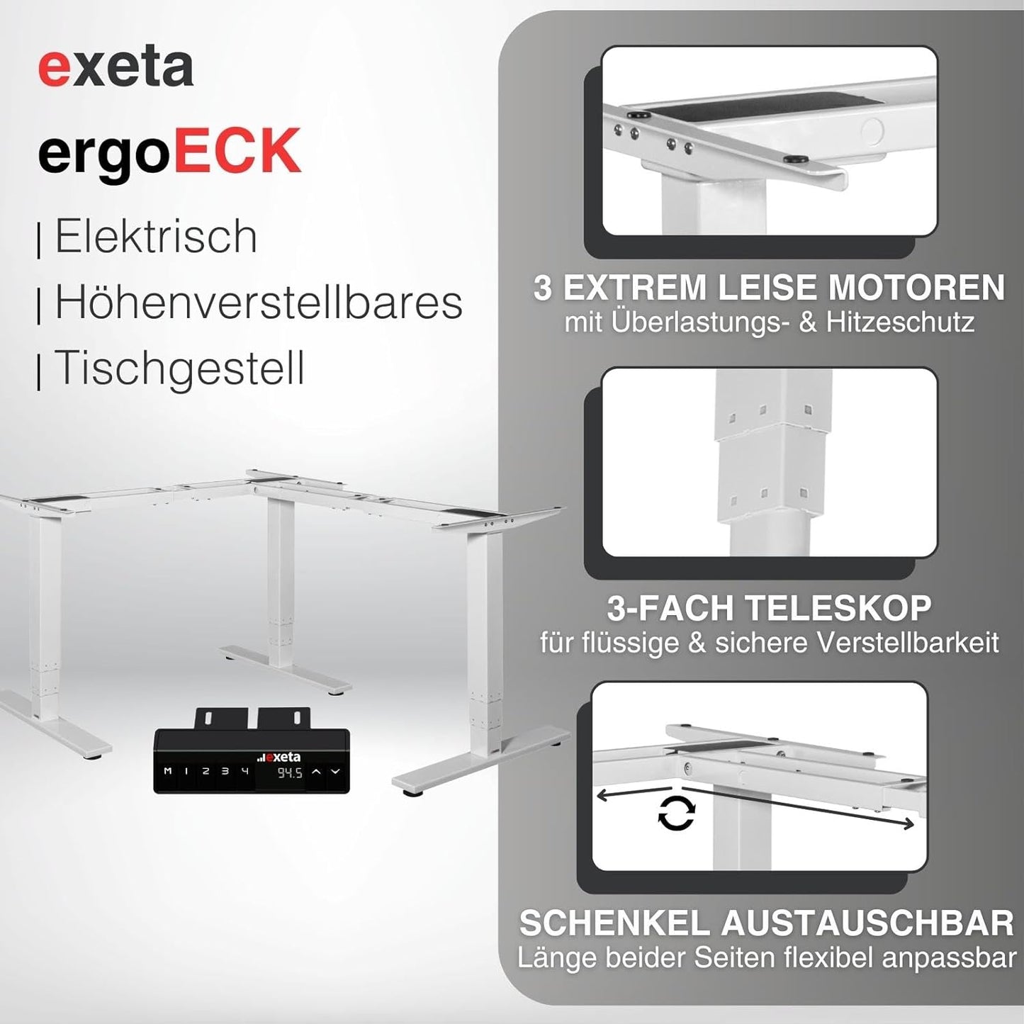 exeta ergoECK höhenverstellbarer Schreibtisch elektrisch Dreieck L-Form 90° Übereck weiß Details