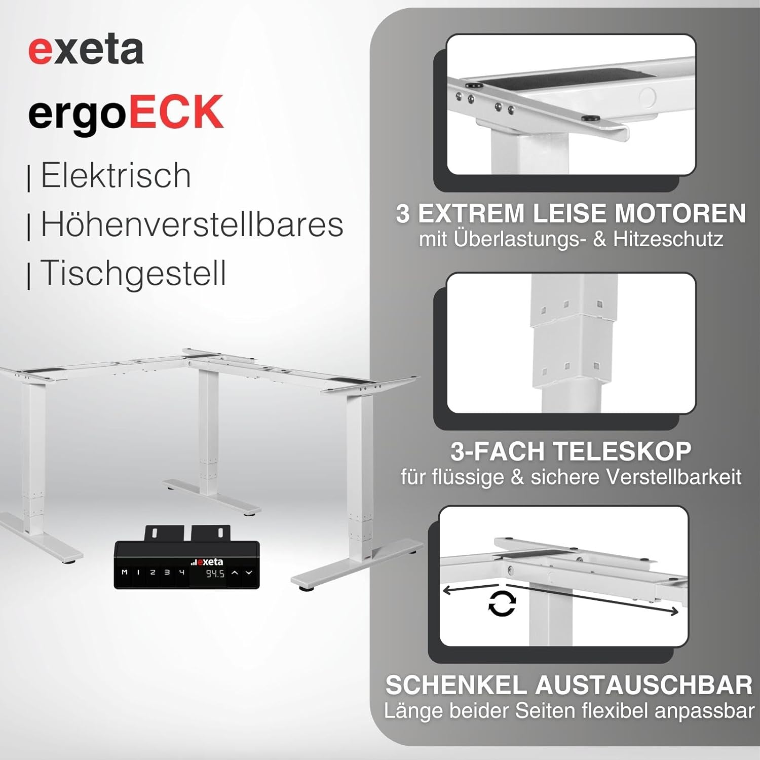 exeta ergoECK höhenverstellbarer Schreibtisch elektrisch Dreieck L-Form 90° Übereck weiß Details