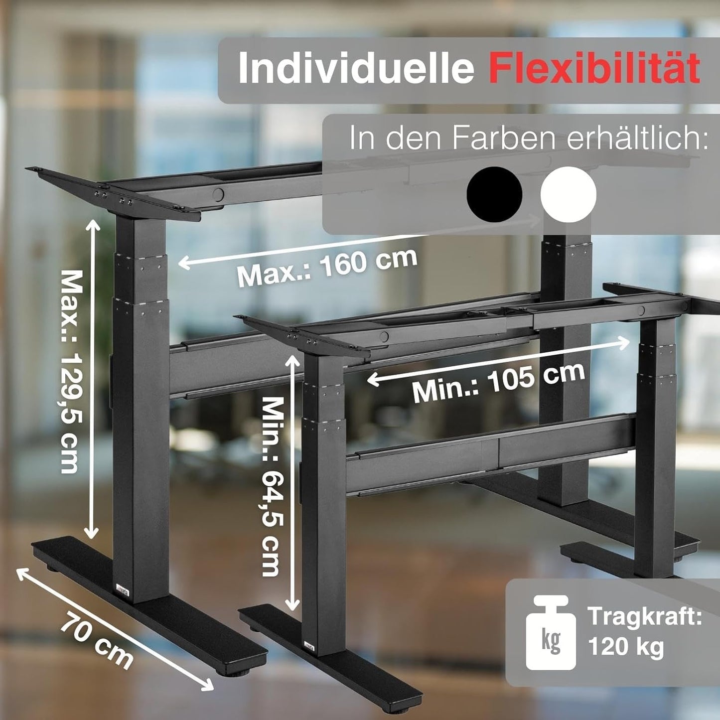 exeta ergoSMARTPLUS höhenverstellbarer Schreibtisch elektrisch Tischgestell schwarz Bemaßung