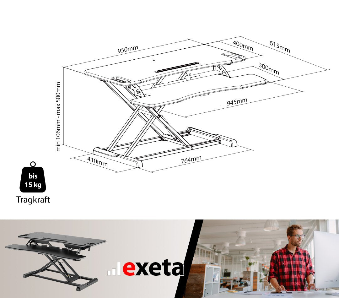 eexeta ergoX Tischaufsatz höhenverstellbar Bemaßung