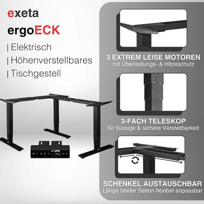 exeta ergoECK höhenverstellbarer Schreibtisch elektrisch Dreieck L-Form 90° Übereck schwarz Details
