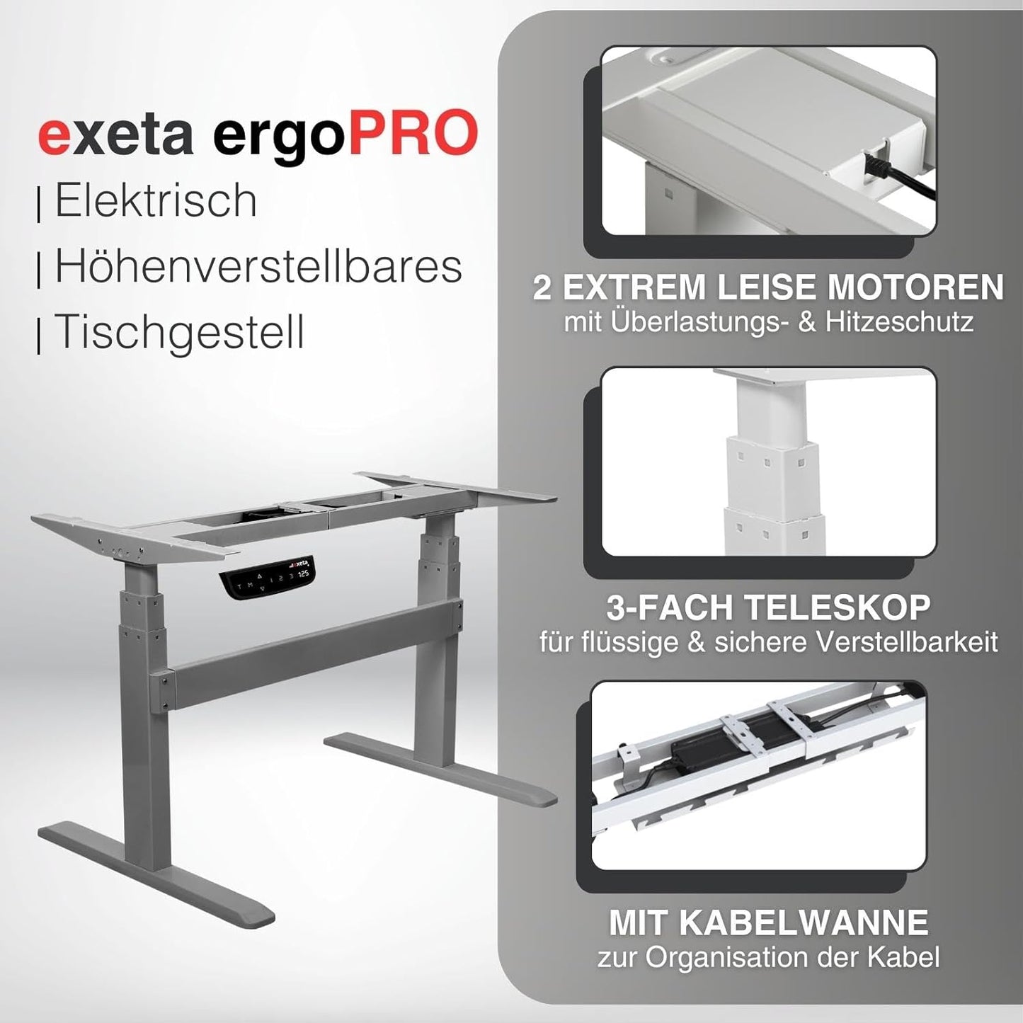 exeta ergoPRO höhenverstellbarer Schreibtisch elektrisch Tischgestell grau Details
