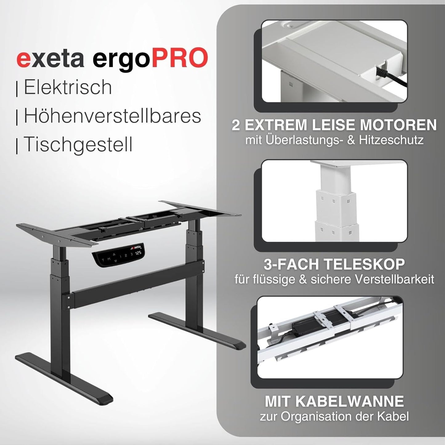 exeta ergoPRO höhenverstellbarer Schreibtisch elektrisch Tischgestell schwarz Details