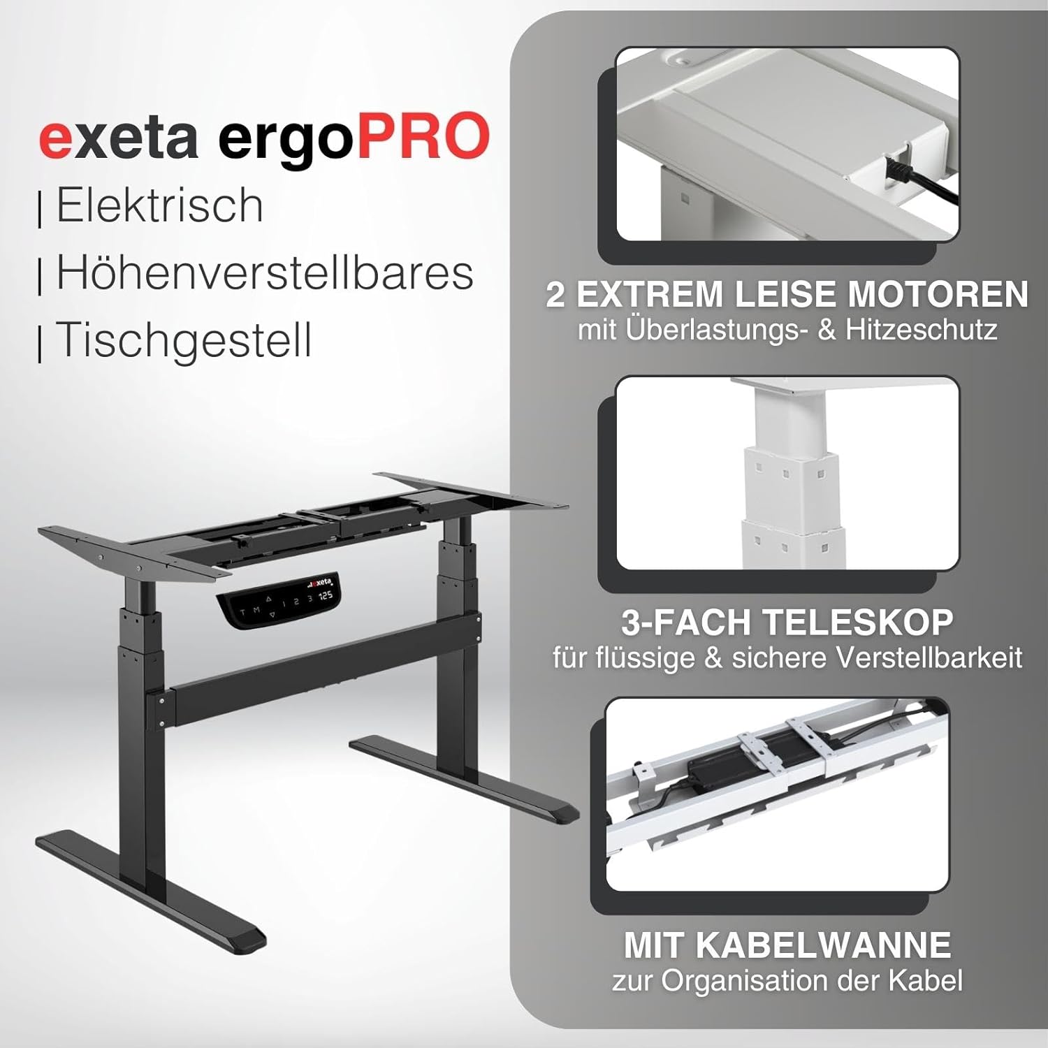 exeta ergoPRO höhenverstellbarer Schreibtisch elektrisch Tischgestell weiß Details