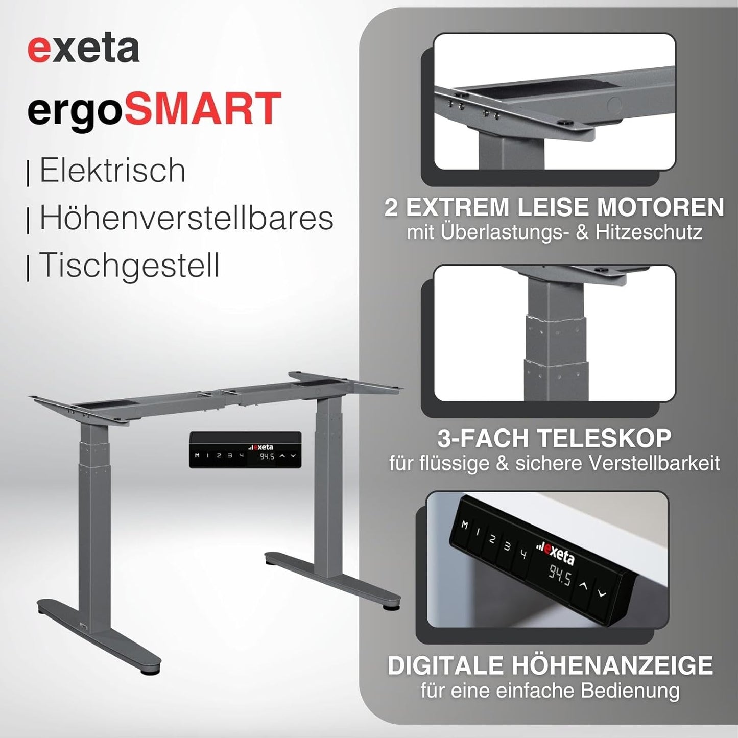 exeta ergoSMART höhenverstellbarer Schreibtisch elektrisch Tischgestell grau Details