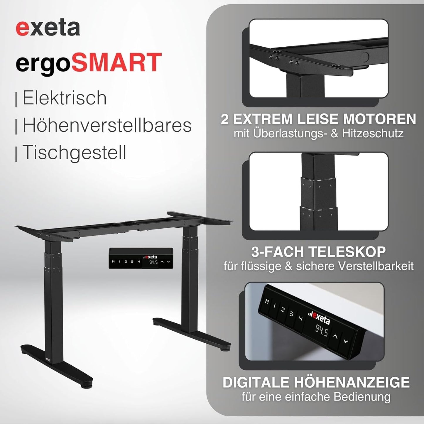exeta ergoSMART höhenverstellbarer Schreibtisch elektrisch Tischgestell schwarz Details
