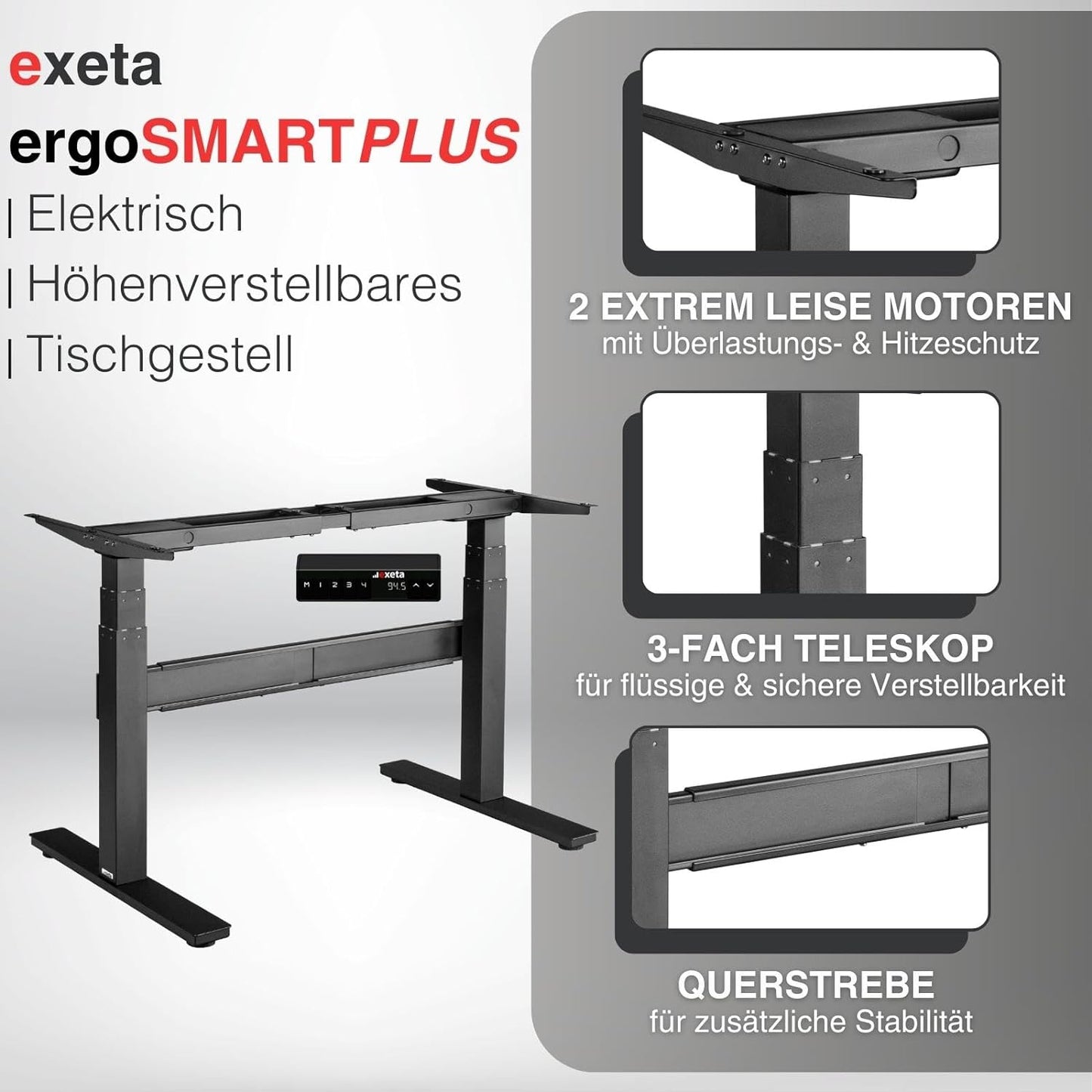 exeta ergoSMARTPLUS höhenverstellbarer Schreibtisch elektrisch Tischgestell schwarz Details
