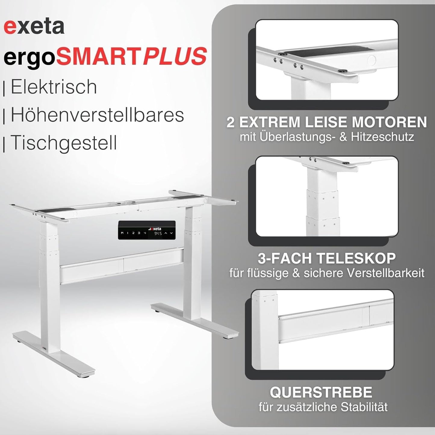 exeta ergoSMARTPLUS höhenverstellbarer Schreibtisch elektrisch Tischgestell weiß Details