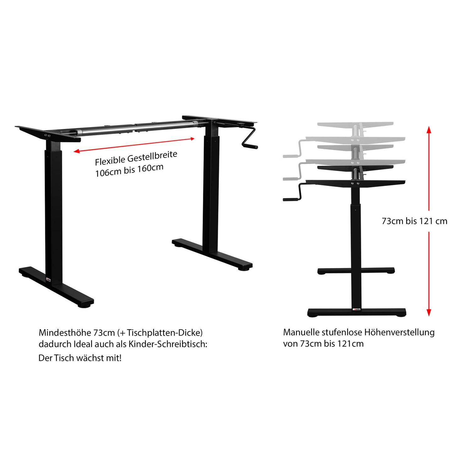 exeta ergoM höhenverstellbarer Schreibtisch manuell Tischgestell schwarz Details Flexibel in Höhe und Breite