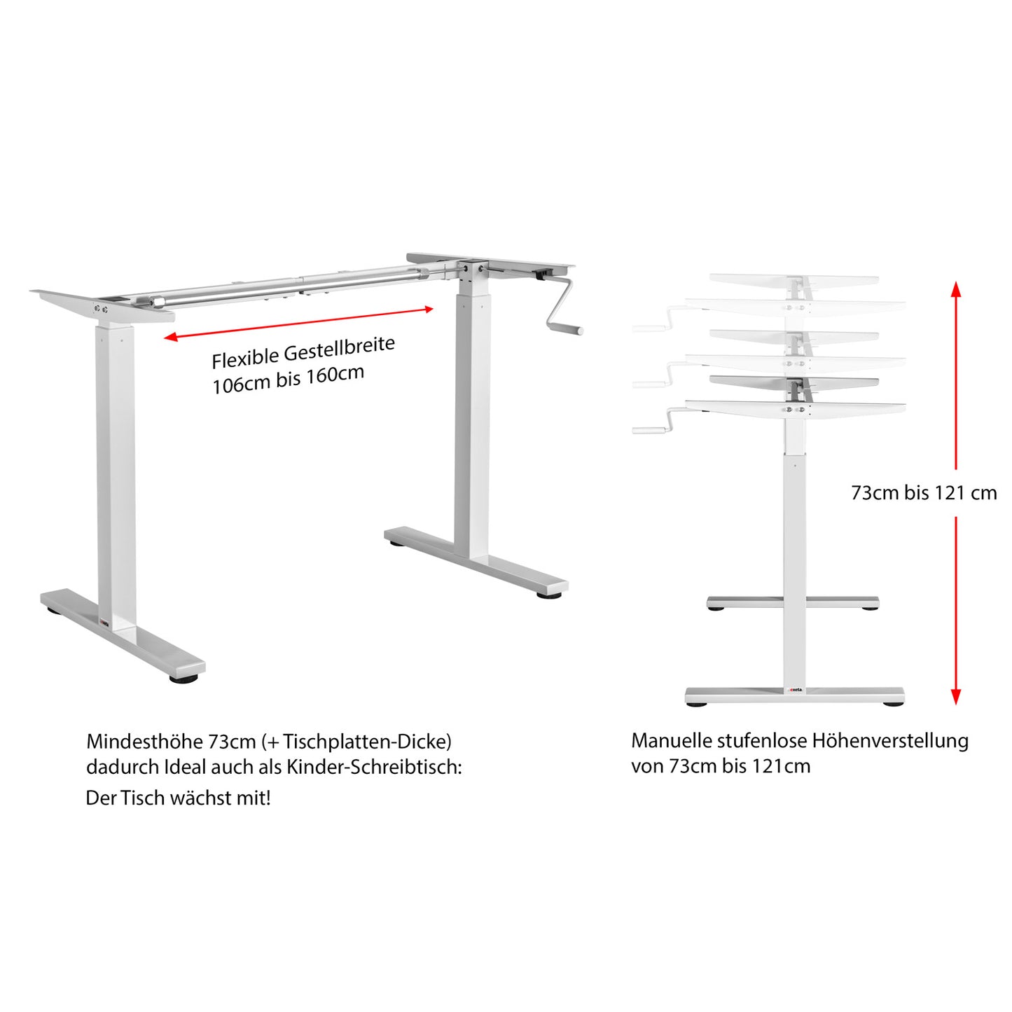 exeta ergoM höhenverstellbarer Schreibtisch manuell Tischgestell Informatiojnen Höhe Breite