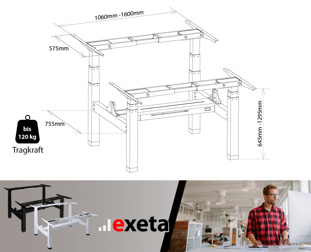 exeta ergoDUO Tischgestell Details Bemaßung