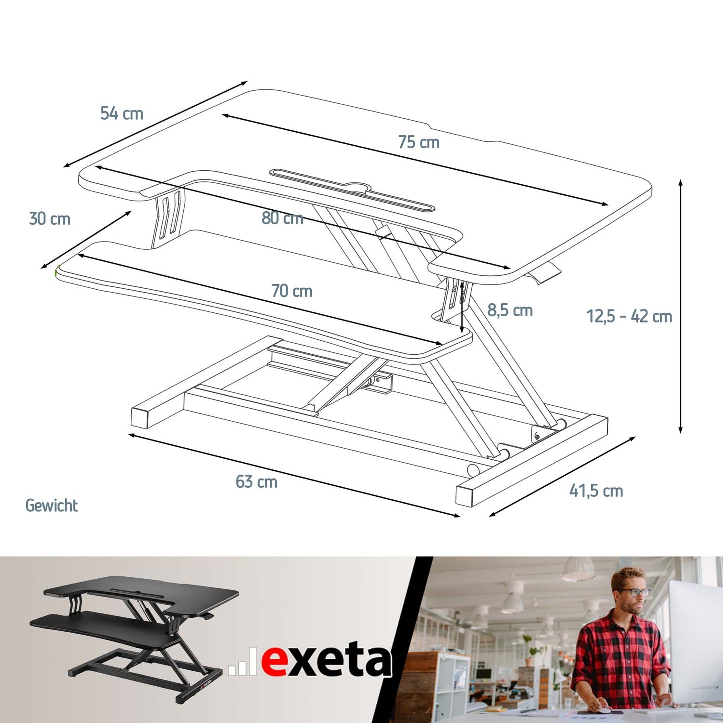 exeta ergoX-S Tischaufsatz manuell höhenverstellbar Bemaßung